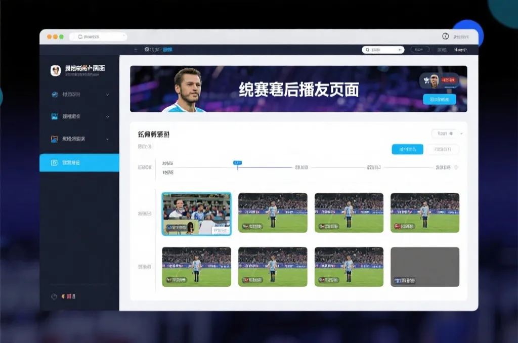 比赛结束后，电视屏幕展示集锦回放页面，旁边有时间轴和多角度切换提示